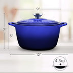 Signature Enameled Cast Iron Dutch Oven, Non-Stick Serving Pot with Tight Fitting Lid for Perfect Roasting, Baking, Sauteing, and Bread Making | 4.5Q (4.2L) - Indigo Blue