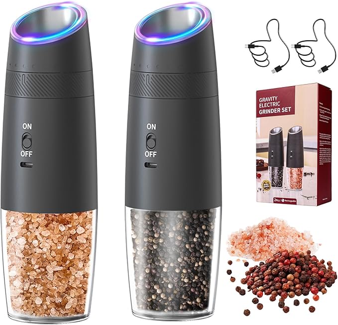 Electric Salt and Pepper Grinder Set – Rechargeable Gravity Automatic Pepper Mill Gift Set with LED Light & 6 Adjustable Coarseness
