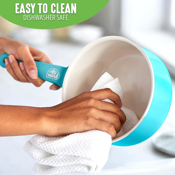 GreenLife Soft Grip 1QT and 2QT Saucepan Set, Healthy Ceramic Nonstick, Non Toxic PFAS & PFOA-Free, Dishwasher Safe, Glass Lids, Stay-Cool Handles, Easy Clean Cookware, Kitchen Essentials, Bright Blue