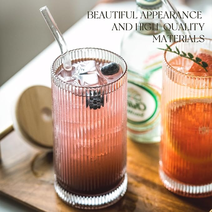 Vintage-Style 16oz Tall Drinking Glasses: Set of 6 Ribbed Glassware with Lids and Straws - Perfect for Cocktails, Smoothies, Juice, Beer, and Coffee - Versatile Design for All-Occasions (6Pcs)