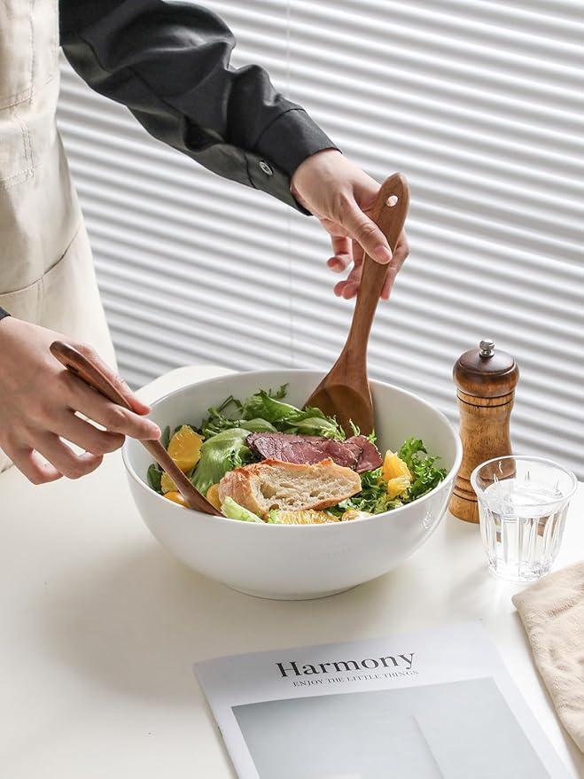 Kanwone Large Serving Bowls - 9.5 inch, 90oz Ceramic Salad Bowls, Fruit Bowls, Pasta, Soup Bowls, Set of 2, Serving Bowls for Entertaining, Microwave and Dishwasher Safe, White