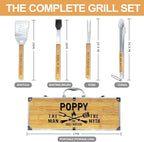 Fathers Day Poppy Gifts from Grandkids, Heavy Duty Wooden BBQ Grilling Accessories Kit for Backyard, Poppy Thick Stainless Steel Grill Utensils with Non-Slip Handle Tools in Portable Bag Birthday