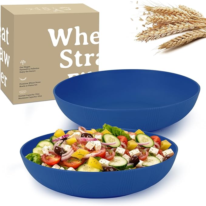 65oz Wheat Straw Large Salad & Soup Bowls Set of 2, Unbreakable, Microwave & Dishwasher Safe, Plastic Bowls for Kitchen, Camping, School - Blue