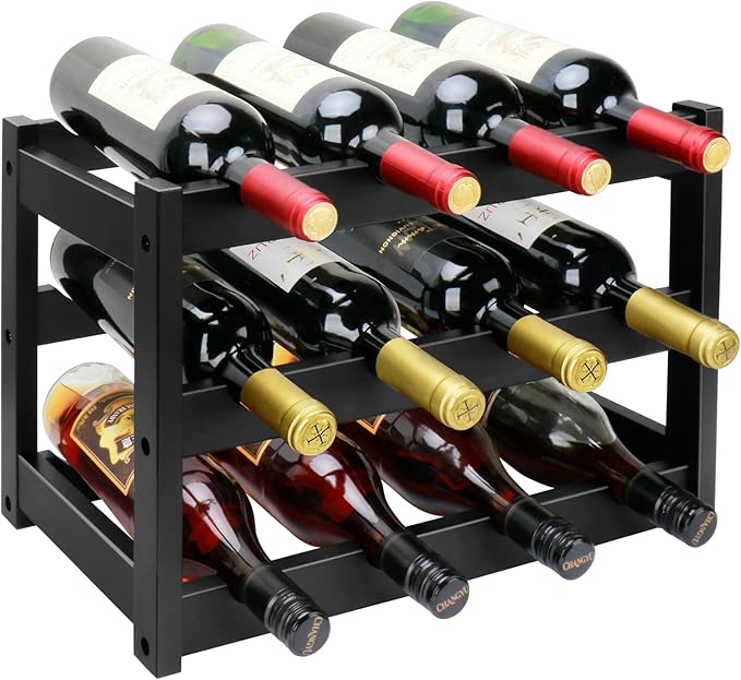 Bamboo Wine Rack, 3-Tier 12 Bottles Wine Storage Cabinet Shelf, Easy-Assembly Freestanding Bamboo Wine Racks Countertop for Kitchen Pantry Dining Room Bar, Black