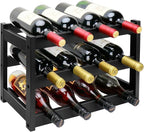 Bamboo Wine Rack, 3-Tier 12 Bottles Wine Storage Cabinet Shelf, Easy-Assembly Freestanding Bamboo Wine Racks Countertop for Kitchen Pantry Dining Room Bar, Black