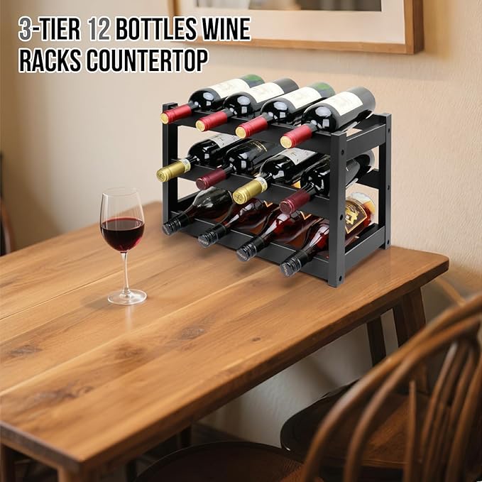 Bamboo Wine Rack, 3-Tier 12 Bottles Wine Storage Cabinet Shelf, Easy-Assembly Freestanding Bamboo Wine Racks Countertop for Kitchen Pantry Dining Room Bar, Black