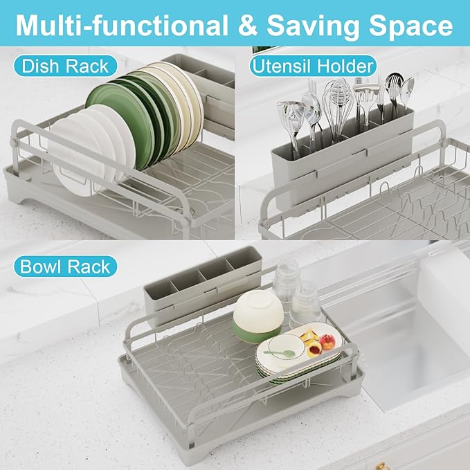 Dish Drying Rack - Space-Saving Dish Rack,Dish Racks for Kitchen Counter with Drainboard,Rustproof Countertop Dish Drainer with Utensil Holder for Sink Grey