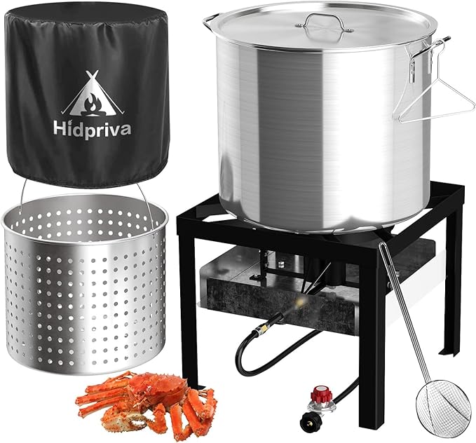 80QT Crawfish Boiler Kit, Waterproof Cover & 18-inch Skimmer, 110,000BTU Propane Burner Stove, 0-20PSIG Regulator, Aluminum Seafood Boil Pot, Crab Boil Pot with Basket