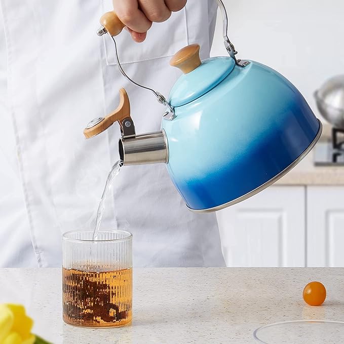 ROCKURWOK Tea Kettle, Tea Pot with Cool Touch Ergonomic Handle, Teapot Food Grade Stainless Steel, Tea Kettle Stovetop, Kettle Teapot, Whistling Tea Kettle, Small Tea Pot, 1.6 Quart (Blue)