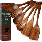 Wooden Spoons for Cooking – 6-Piece Teak Wood Cookware Utensil Set with Smooth Finish – Non-Stick, Comfortable Grip – Durable, Heat Resistant Kitchen Utensils