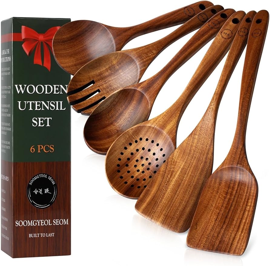 Wooden Spoons for Cooking – 6-Piece Teak Wood Cookware Utensil Set with Smooth Finish – Non-Stick, Comfortable Grip – Durable, Heat Resistant Kitchen Utensils