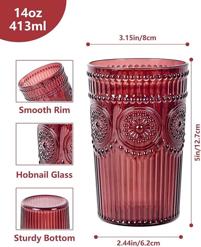 Ciaell 12 Pack Romantic Plastic Water Glasses - 14 Oz Burgundy Vintage Drinking Glasses, Embossed Ribbed Plastic Cups, Textured Striped Set for Juice, Beverages, Beer, Cocktail & Christmas