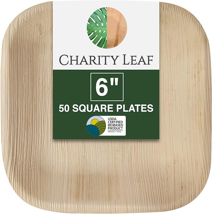 Disposable Palm Leaf 6" Square Plates (50 pieces) Bamboo Like Serving Platters, Disposable Boards, Eco-Friendly Dinnerware For Weddings, Catering, Events