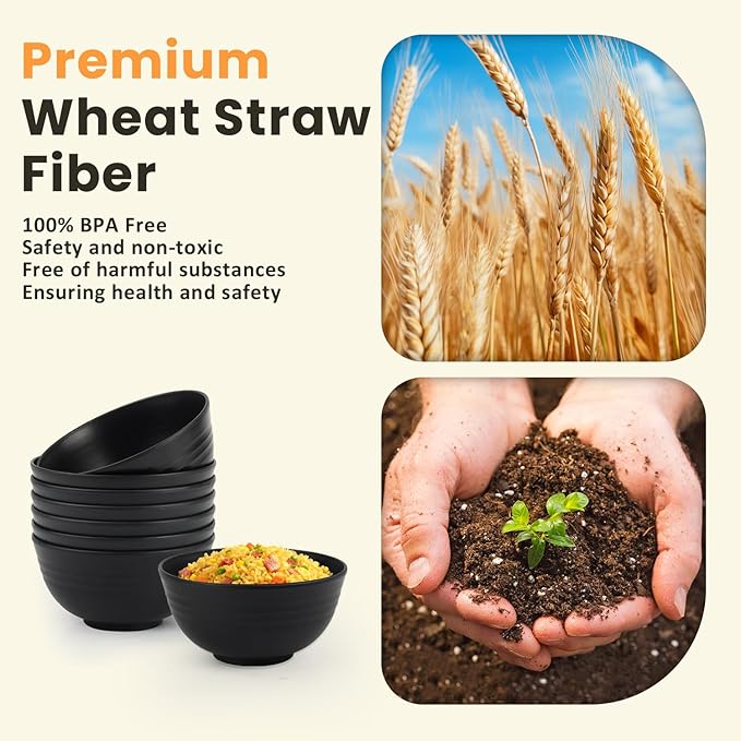 Homienly Cereal Bowl Set, Wheat Straw Bowls for Kitchen, Unbreakable Lightweight Bowl Set of 8, Microwave and Dishwasher Safe Bowls, Reusable Bowl for Serving, Cereal, Snack,Fruit(Black, 26 OZ)