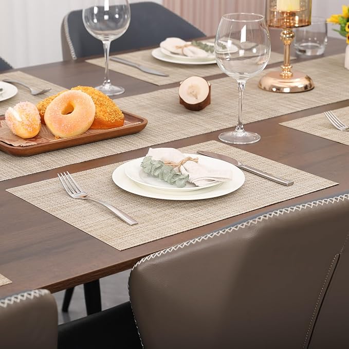 Myir JUN Placemats Set of 8, Vinyl Woven Placemats Place Mats Indoor Set of 8 Washable Table Mats Non-Slip Place mats for Dining Table (Beige, Set of 8)