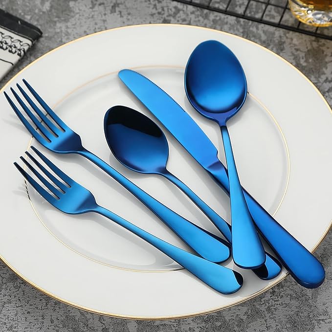 Blue Silverware Set Flatware Cutlery - 20 Pieces Stainless Steel Tableware Set Service for 4,Include Fork Knife Spoon,Mirror Polished,Dishwasher Safe