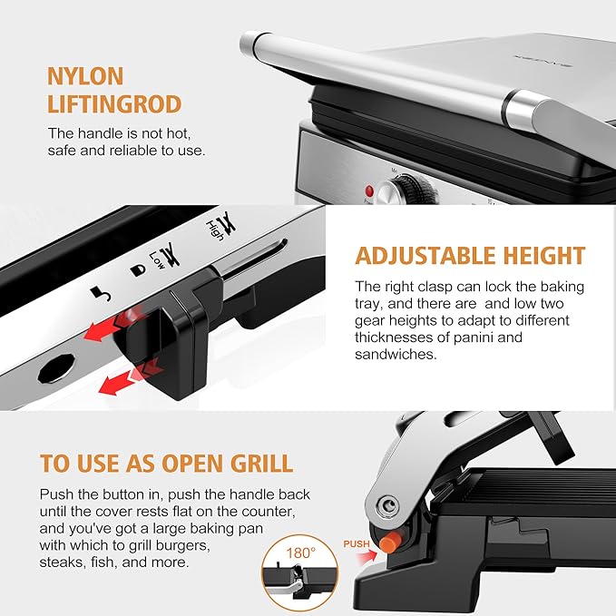 1600W Panini Press, Sandwich Maker with Temp & Time Setting, 4 Slice Large Non-stick Versatile Grill Press, Opens 180 Degrees to Fit Any Type or Size of Food