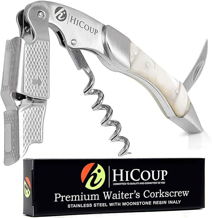 Hicoup Wine Opener - Professional Corkscrews for Wine Bottles w/Foil Cutter and Cap Remover - Manual Wine Key for Servers, Waiters, Bartenders and Home Use - Stainless Steel w/Moonstone Resin Inlay