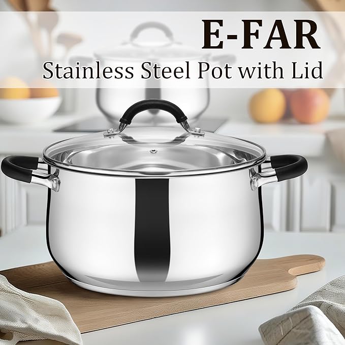 E-far 6 QT Stainless Steel Pot, Stock Cooking Pot with Visible Lid for Simmering Soup Pasta, Tri-Ply Thick Base for Induction Gas, Dual Silicone Handles for Heat Proof, Non-Toxic & Dishwasher Safe