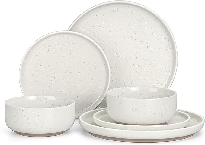 HaWare Stoneware Dinnerware Sets, 6-Piece Plates and Bowls Set for 2, Dishes Set for Home Restaurant, Speckled Milky White