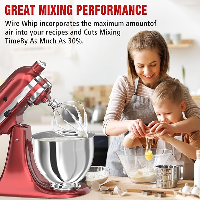 Stainless Steel Stand Mixer Attachments 3-Piece (4.5-5QT Flat Beater, 4.5-5QT Dough Hook, K45WW 6-Wire Whip Attachment) for KitchenAid Tilt-Head Stand Mixer and 4.5-5 Quart Bowl, Dishwasher Safe