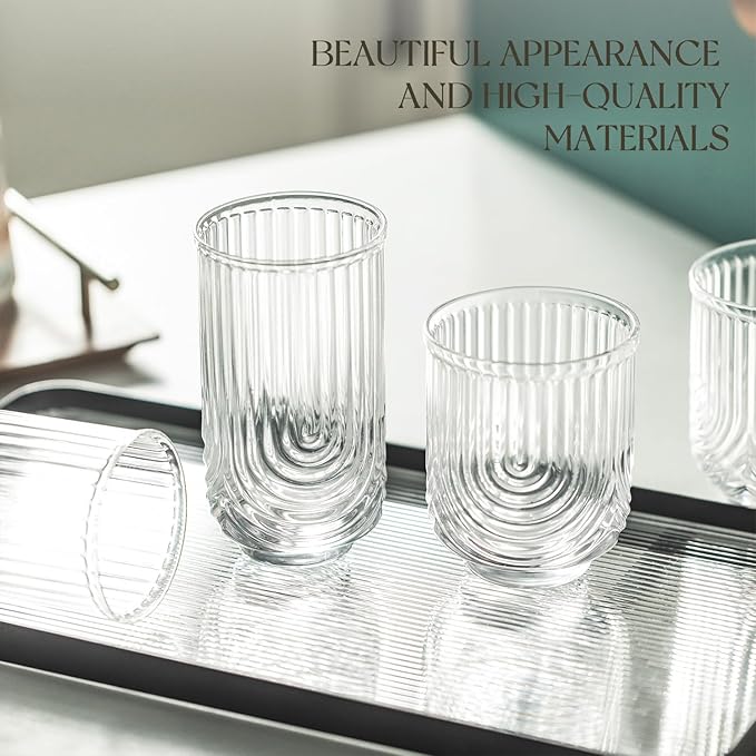 Art Deco Cocktail Glasses, Highball Glasses Set Of 8, Ribbed Glasses, Drinking Glasses Set, Unique Glassware, Beverages Ice Coffee Cup, Ideal for Whiskey, Beer, Juice, Water