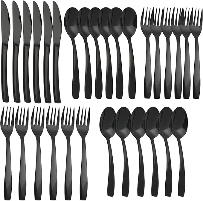 Black 30 Piece Silverware Set,Stainless Steel Flatware Set for 6,18/0 Rust-Proof Cutlery Set with Forks & Spoons,Mirror Polished Dishwasher Safe - Heavy Duty Tableware for Home & Dining