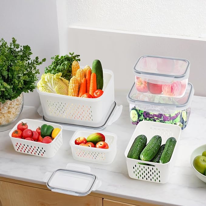 4 Pack Fruit Storage Containers for Fridge with Removable Colanders, Produce Storage Containers for Fridge, Airtight Food Storage Containers for Berry Fruit Vegetable Meat Keeper Fresh (no handle)