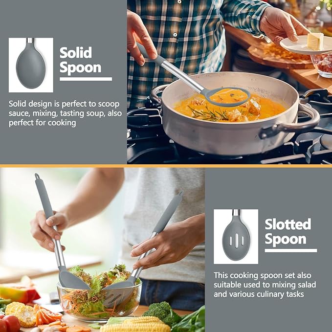 P&P CHEF Gray Kitchen Cooking Utensil Set of 4, Silicone Solid Spatulas Slotted Spoons Turners for Non-stick Cookware Flipping Mixing, Heat-proof