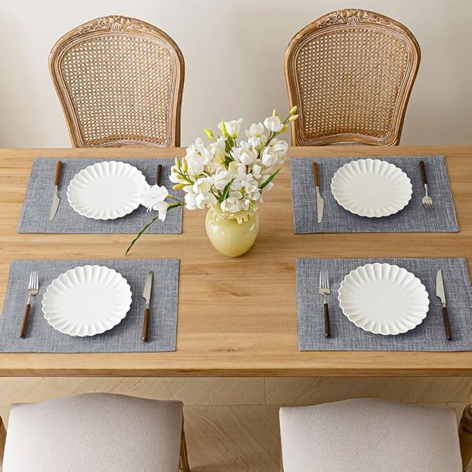 Placemats Set of 6, Bilayer Thickened Linen Place Mats Heat Resistant Machine Washable Wrinkle Free Carefully Selected Polyester Mats for Kitchen/Dining/Coffee Table (Light Grey)