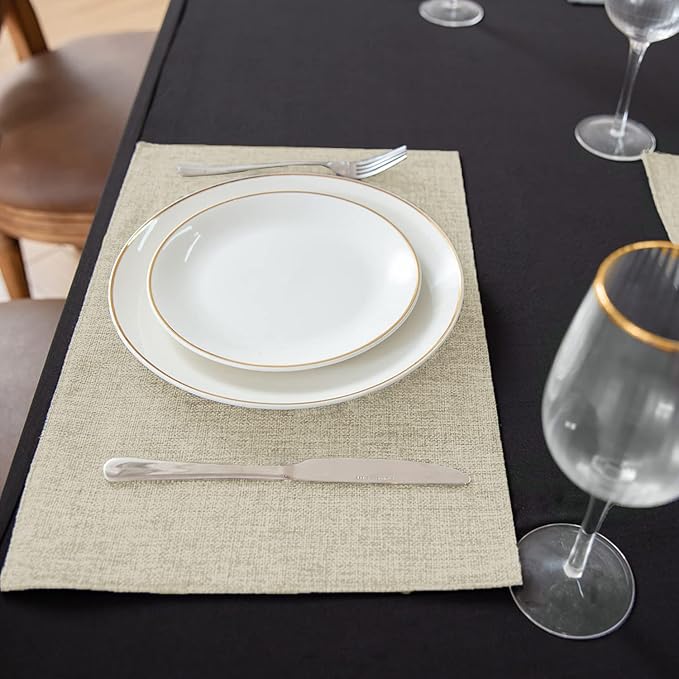 Linen Type Fabric Placemats Set of 8, Machine Washable, Heat Resistant, Wrinkle Free Thick Polyester Kitchen Place Mats for Dining Table (Beige)