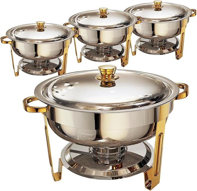 Chafing Dishes for Buffet 4 Pack, 6QT Round Chafing Dish Buffet Set Stainless Steel Buffet Food Warmers Sets for Catering Events Parties Dinners with Complete Set,Gold and Silver