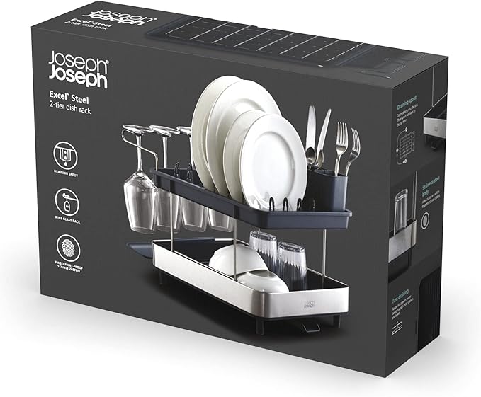 Joseph Joseph Dish Drying Rack with Wine Glass Holder - Space-Saving 2-Tier Design with Fast Draining System