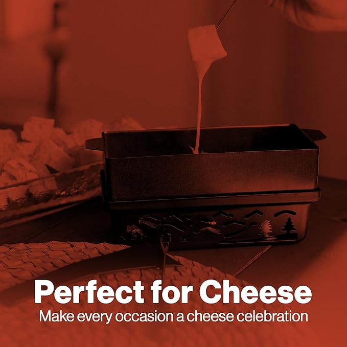 Swissmar Tandem Candle Fondue & Raclette Set - Portable 2-in-1 Tabletop Fondue Pot with Raclette Dish, Forks, Spatula & Tealight Candles