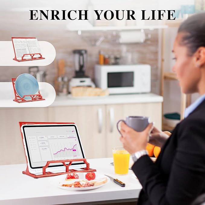 JOGREFUL Cookbook Stand, Cast Iron Heavy-Duty Recipe Book Holder, Kitchen Vintage Recipe Book Holder, Reading Rest Holder for Easel/Counter/Books/Magazine/iPad/Bible, Vine Pattern, Red