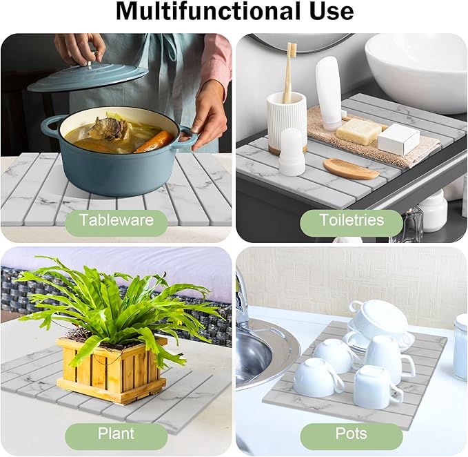 Stone Dish Drying Mat for Kitchen Counter,24"(L)×16"(W) Collapsible Fast-Drying Diatomaceous Earth Mats with Towel Sanding Tool,Versatile Stone Drying Mats for Cups Dishes Bottles