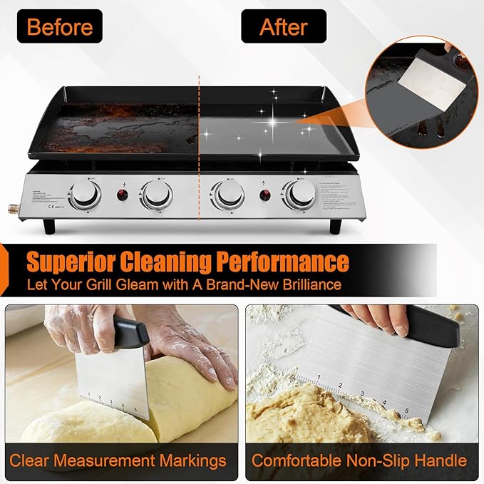 Grill Scraper&Bench Scraper Set，Food Scraper with Handle for Blackstone, Flat Top Grill Cleaning，Premium Stainless Steel Dough Cutter with Measuring Scale for Pastry,Cake,Pizza,Bread,Cooking