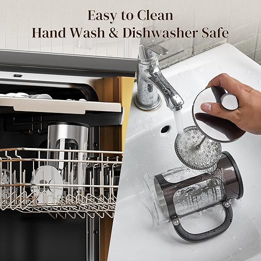 Veken French Press Coffee Maker 34oz 1 L, Heat Resistant Thickened Borosilicate Glass, No Plastic Touching Cafe, Stainless Steel Brewer,Cold Brew Cafetera Teapot for Kitchen Travel Camping,Dark Pewter