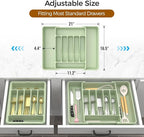 Extra Large Expandable Silverware Organizer, BPA-Free Food-Safe Cutlery Flatware Organizer, Kitchen Utensil Drawer Organizer, Adjustable Silverware Holder for Spoons Forks Knives, Green