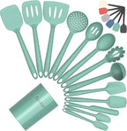 Coukre Silicone Kitchen Cooking Utensils Set with Holder – Heat-Resistant, Food-Grade Kitchen Tools, Spatula, Spoon & Gadgets for Non-Stick Pans, Dishwasher Safe (14, PureAquaGreen)