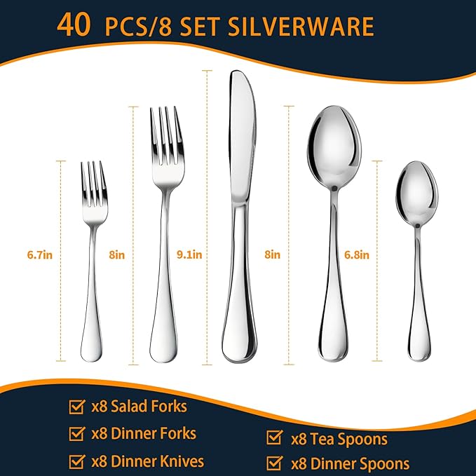 Silverware Set, 40 Piece Stainless Steel Cutlery Sets for 8, Heavy Duty Flatware, Mirror Polished Forks Spoons and Knives Set, Reusable Utensils for Home Kitchen, Dishwasher Safe