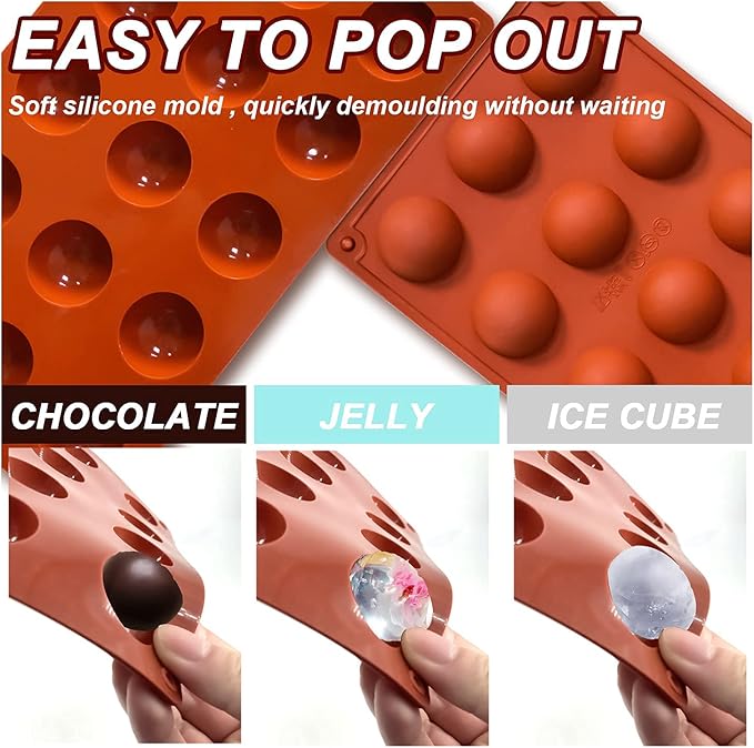 Small 15-Cavity Semi Sphere Silicone Molds Non-Stick,2 Packs Half Sphere Silicone Baking Molds for Making Jelly, Chocolates and Cake