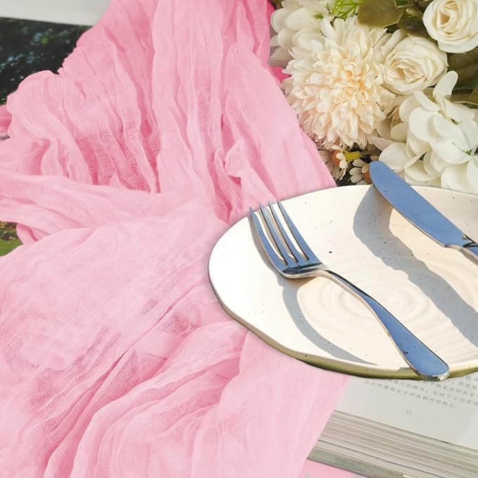 12 Pack Rose Gold Cheesecloth Table Runner 10ft Boho Gauze Cheese Cloth Table Runner Rustic Sheer Runner 120 inch Long for Christmas Wedding Bridal Baby Shower Birthday Table Decorations