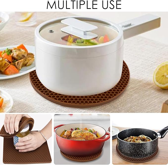 4 Pack Silicone Trivet Mats, Heat Resistant Silicone Hot Pot Holders Hot Pads for Kitchen Countertop, Non-Slip Brown Trivets for Pots and Pans, Hot Plate Mat Coffee Trivet Food Grade Silicone Mat