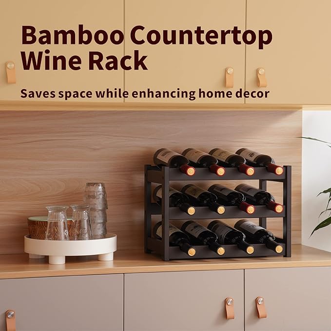VASMIA Bamboo Wine Rack, Sturdy and Durable Wine Storage Cabinet Shelf, Wine Racks Countertop for Pantry,Kitchen,3-Tier 12 Bottles Wine Rack Brown