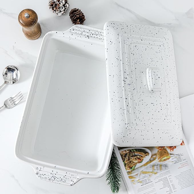 KOOV Ceramic Casserole Dish with Lid, Covered Rectangular Casserole Dish Set, Lasagna Pans with Lid for Cooking, Baking dish With Lid for Dinner, 9 x 13 Inches, Splash Series (Splashed White)