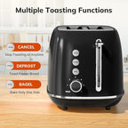 Retro Stainless Steel 2 Slice Toaster - Bagel, Cancel, Defrost Functions, 6 Shade Settings, Extra Wide Slot, Removable Crumb Tray (Black)