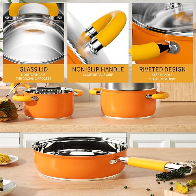 Stainless 18/8 Steel Pots and Pans Set 6 Piece, 4 3 QT Pot with Lid and Steaming, Fry Pan, Compatible with All Stovetops