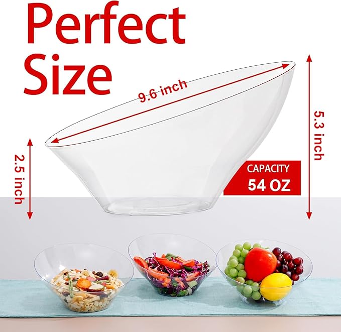 bUCLA 54 OZ Clear Plastic Serving Bowls (12 Pack) - Angled Serving Bowls Disposable for Chip&Candy - Party Table Salad and Fruit