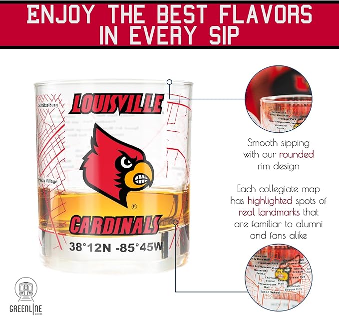 Greenline Goods – University of Louisville Cardinals College Whiskey Glasses (Set of 2), 10 oz – Full-Color Logo + Campus Map